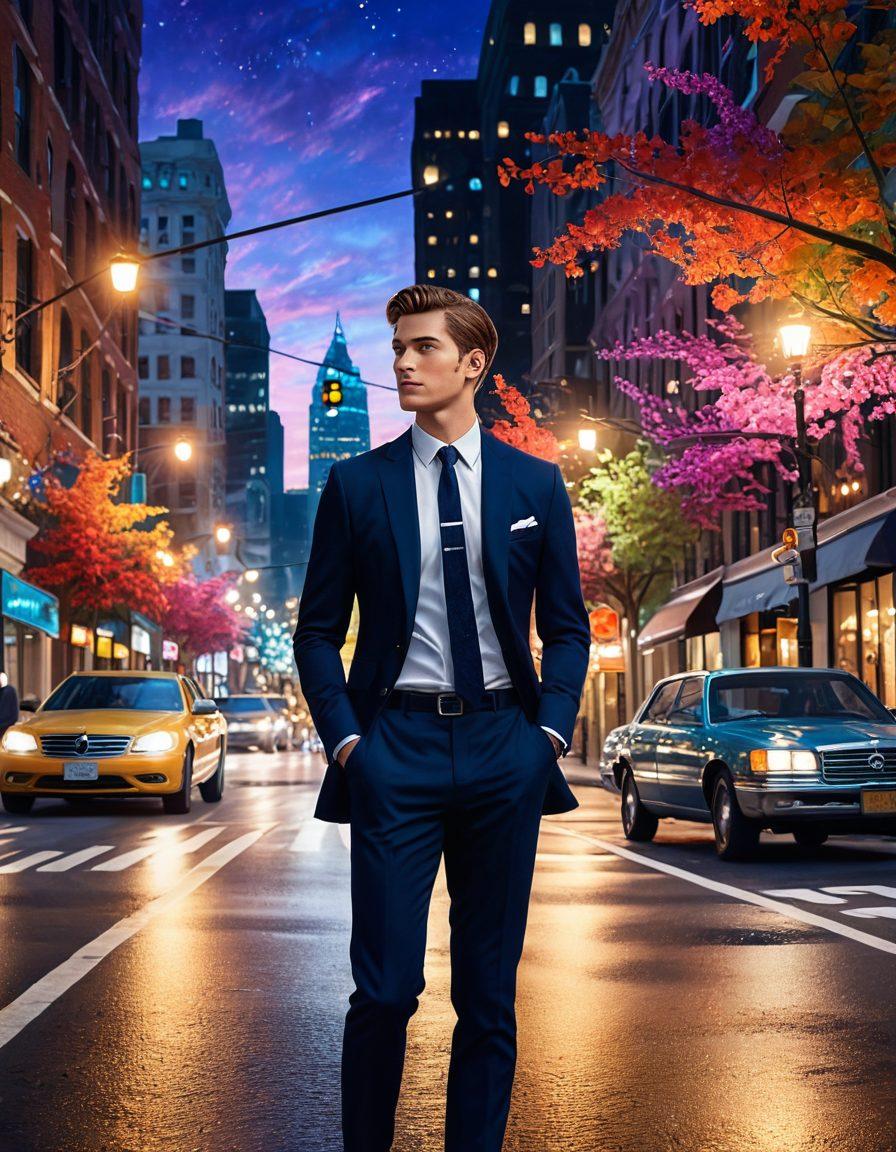 A stylish straight man exuding charm and confidence, standing at a dreamy intersection adorned with whimsical beauty elements like flowers and soft lights. Incorporate hypnotic swirls around him that symbolize allure and fascination. The background features a modern urban setting merging art and nature, inviting viewers to explore the concept of beauty and style. super-realistic. vibrant colors. dreamy atmosphere.