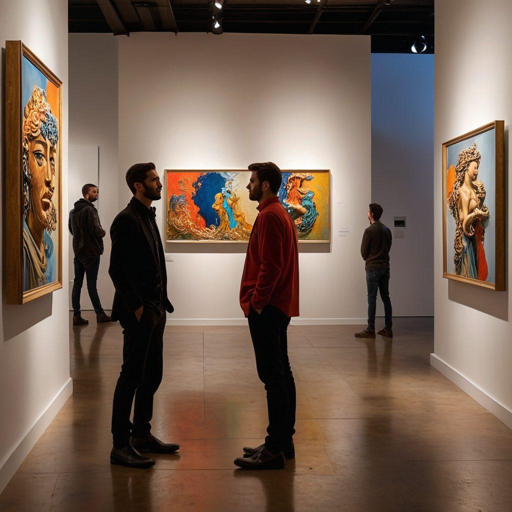 A captivating scene of a sophisticated art gallery showcasing hypnotic aesthetics, with straight men admiring stunning, surreal artwork that mesmerizes the eye. Soft lighting casts intriguing shadows, amplifying the allure, while subtle expressions of fascination adorn their faces. Include a blend of abstract paintings and intricate sculptures, with a diverse crowd of admirers. The color palette should be rich and vibrant, enhancing the enchanting atmosphere. super-realistic. vibrant colors.