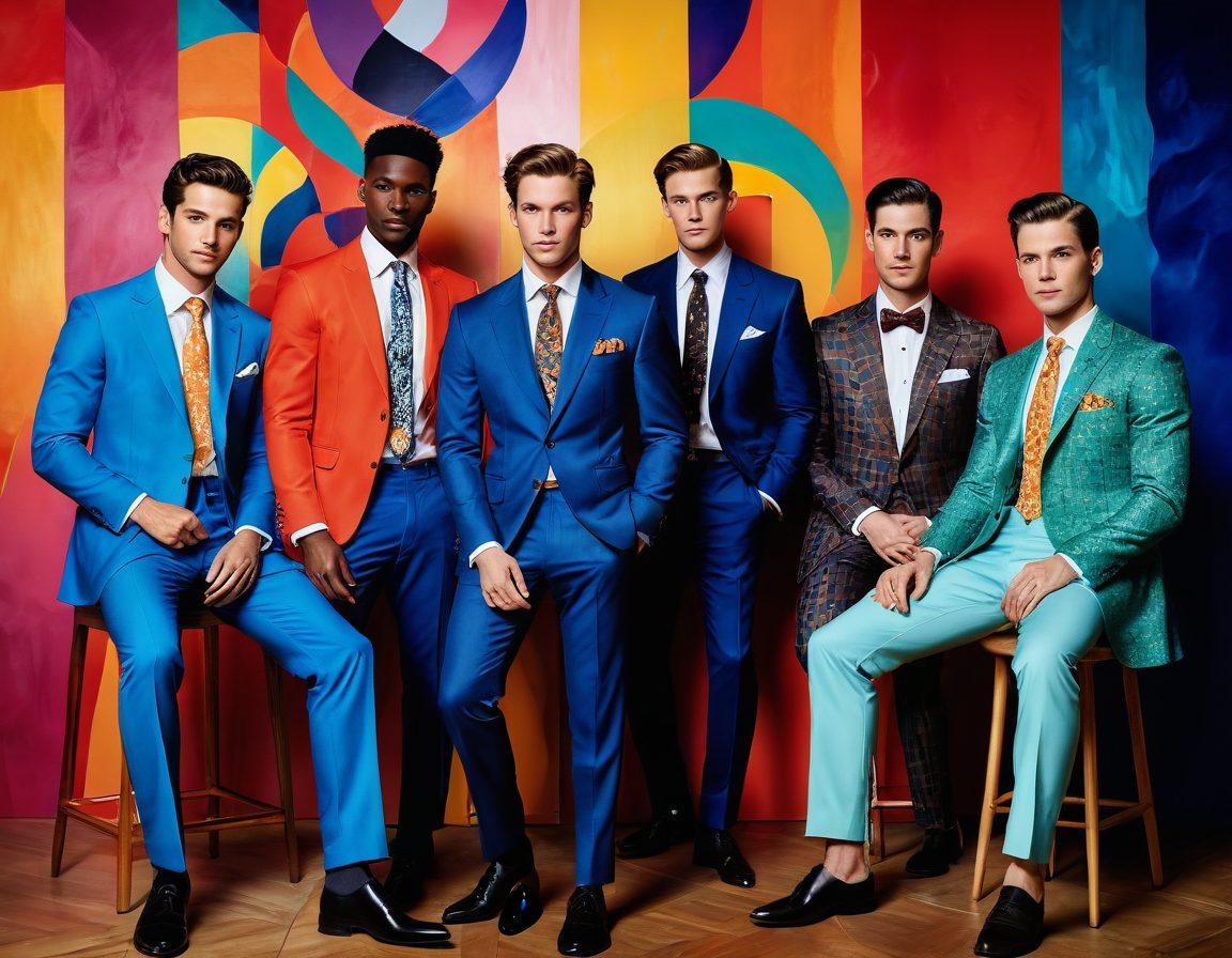 A captivating scene showcasing a diverse group of well-dressed men engaging in various artistic activities, exuding confidence and charm. The background features a colorful blend of abstract shapes and patterns symbolizing attraction and aesthetics. Soft, ethereal lighting highlights the men's expressions and stylish attire, evoking a sense of enchantment. Include elements like paintbrushes, canvases, and musical instruments to emphasize artistic talent. vibrant colors. super-realistic.